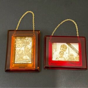 2 Vintage HALLMARK Family Tree Red & Amber Miniature Mini Photo Frame Ornaments